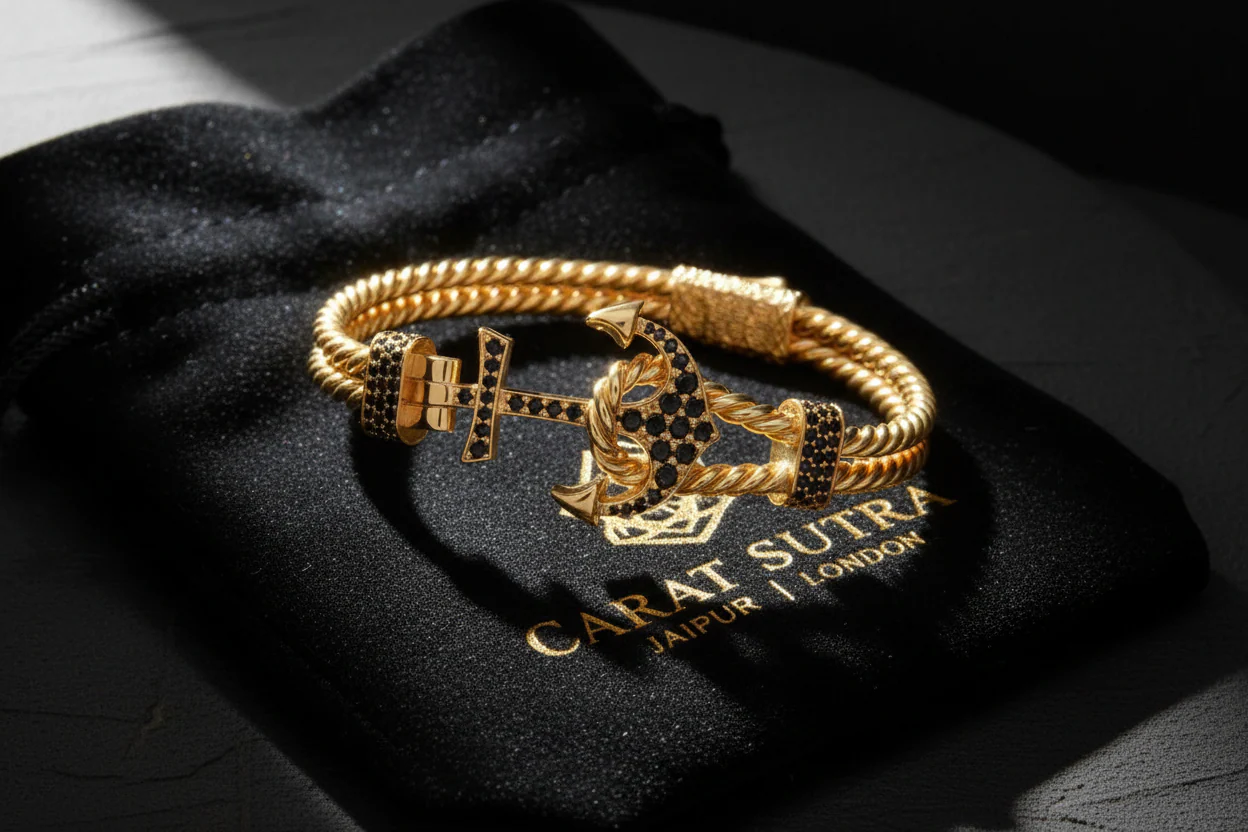 Twined Solid Anchor Bangle Bracelet for Men, 925 Sterling Silver/ 22kt Micron Gold Plated Silver Bracelet| With Certificate of Authenticity and 925 Hallmark - Image 2