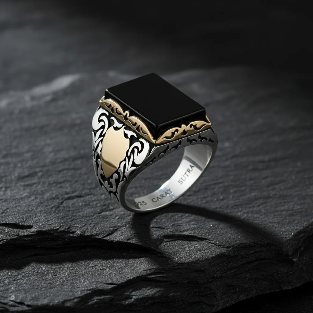RARE PRINCE by CARAT SUTRA | Unique Turkish Style Ring with Natural Black Onyx for Men, Oxidized Sterling Silver 925 Ring | Jewellery for Men| With Certificate of Authenticity and 925 Hallmark
