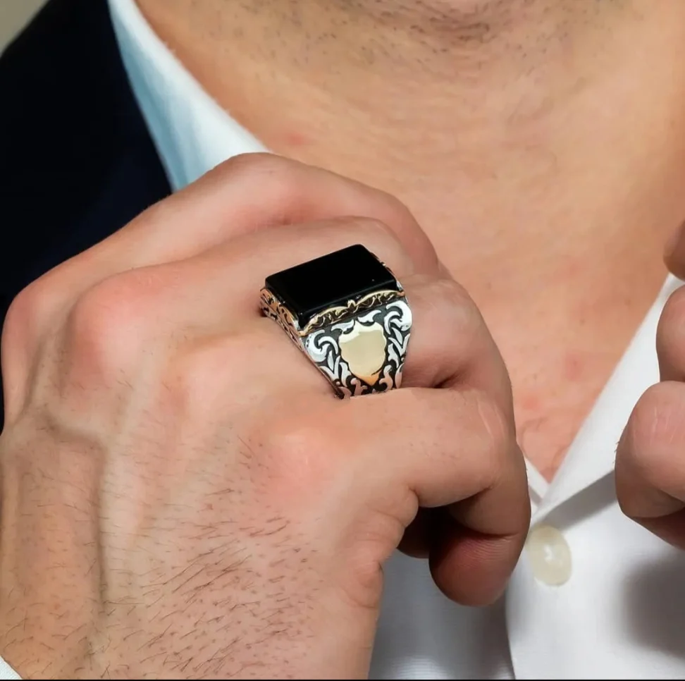 RARE PRINCE by CARAT SUTRA | Unique Turkish Style Ring with Natural Black Onyx for Men, Oxidized Sterling Silver 925 Ring | Jewellery for Men| With Certificate of Authenticity and 925 Hallmark - Image 4