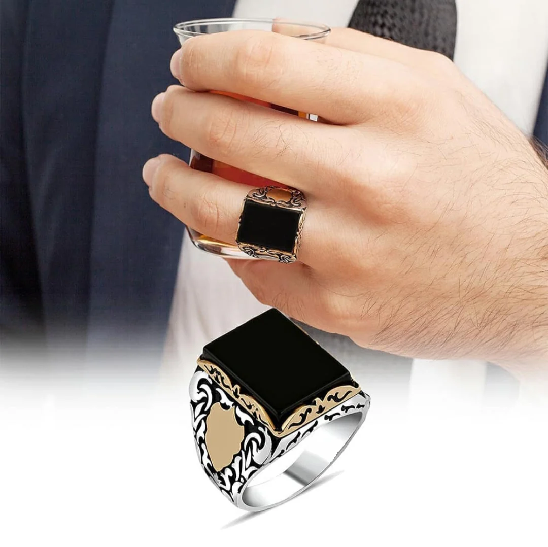 RARE PRINCE by CARAT SUTRA | Unique Turkish Style Ring with Natural Black Onyx for Men, Oxidized Sterling Silver 925 Ring | Jewellery for Men| With Certificate of Authenticity and 925 Hallmark - Image 5