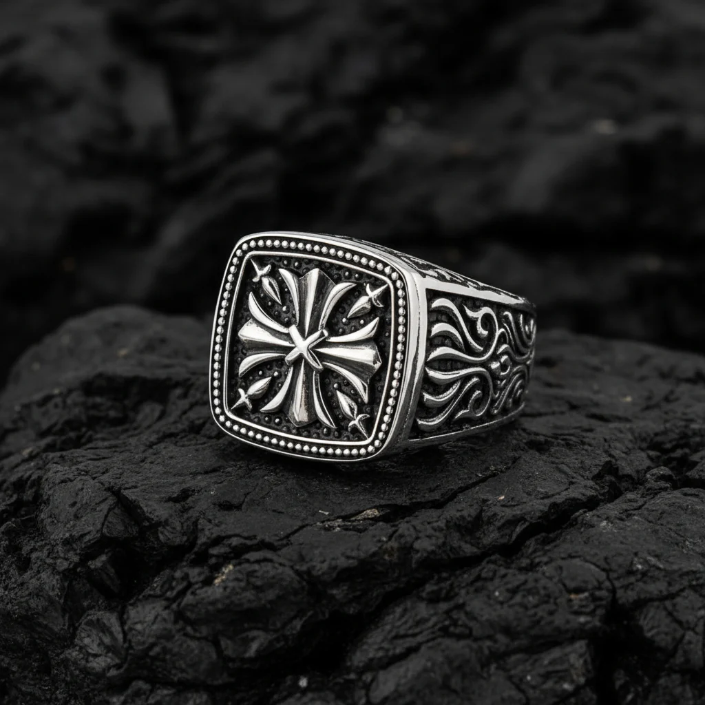 RARE PRINCE by CARAT SUTRA | Exclusive Cross Vintage Byzantine Style Signet Ring for Men, Oxidized Sterling Silver 925 Ring | Jewellery for Men| With Certificate of Authenticity and 925 Hallmark