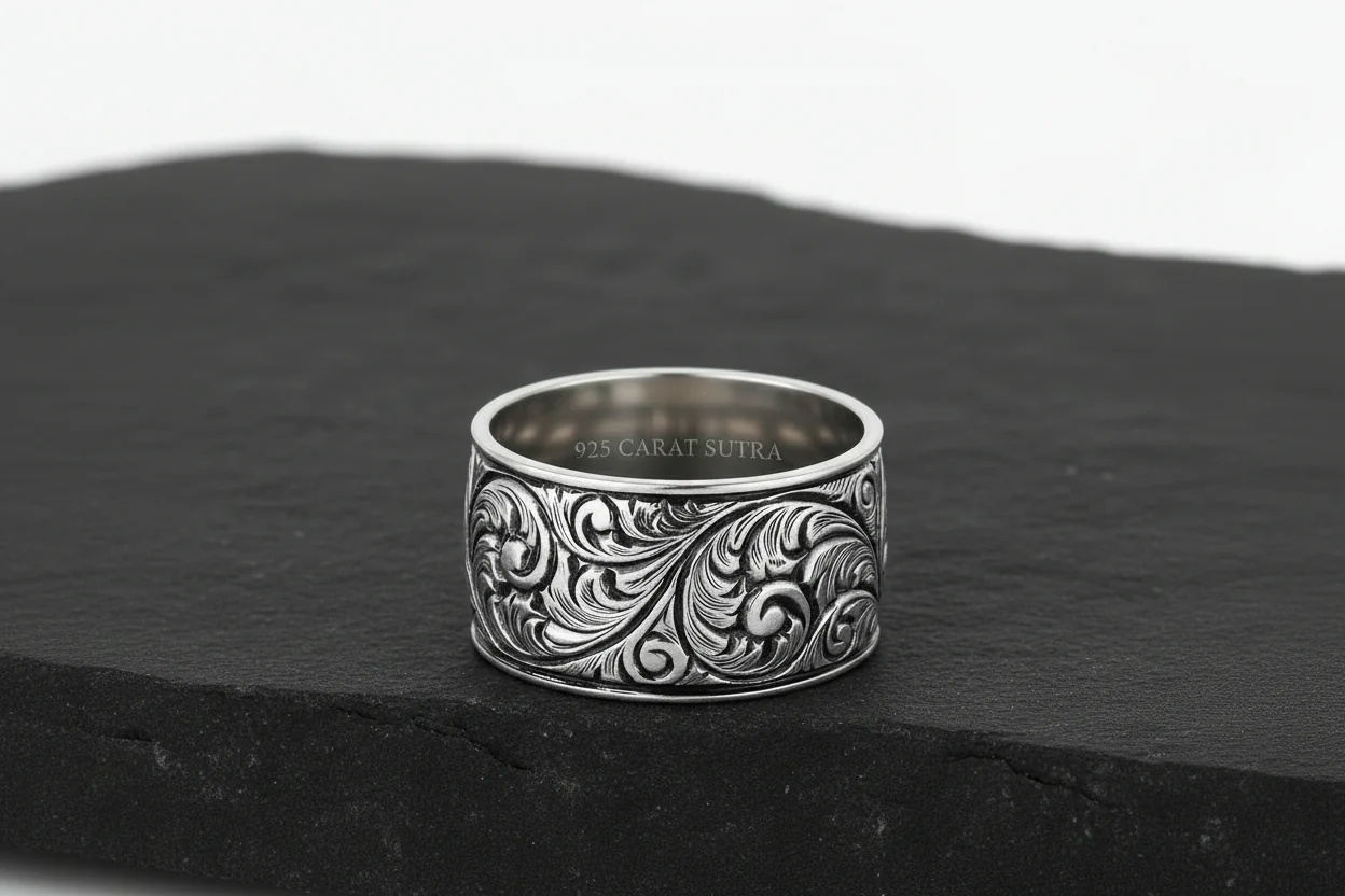 10mm wide Hand-Engraved Premium Classic Band Ring, Oxidized Sterling Silver 925 Ring |With Certificate of Authenticity and 925 Hallmark