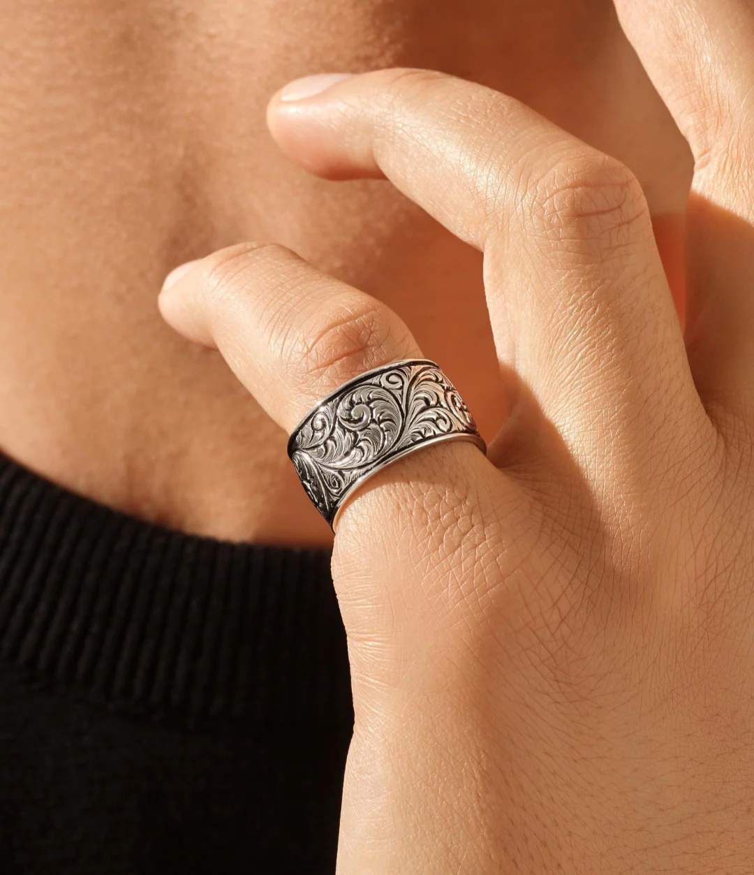 10mm wide Hand-Engraved Premium Classic Band Ring, Oxidized Sterling Silver 925 Ring |With Certificate of Authenticity and 925 Hallmark - Image 2