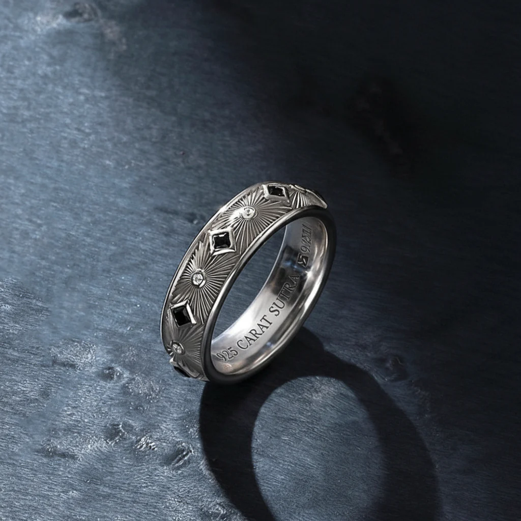 RARE PRINCE by CARAT SUTRA | Exclusive Sunbeam Band Ring for Men, Oxidized Sterling Silver 925 Ring | Jewellery for Men| With Certificate of Authenticity and 925 Hallmark