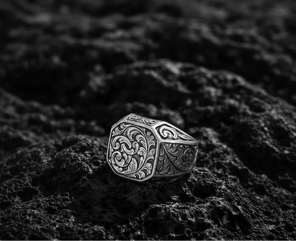RARE PRINCE by CARAT SUTRA | Exclusive Hand Engraved Ring for Men, Oxidized Sterling Silver 925 Ring | Jewellery for Men| With Certificate of Authenticity and 925 Hallmark