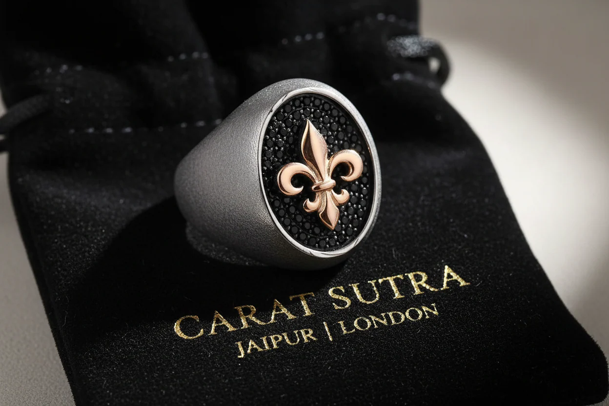 RARE PRINCE by CARAT SUTRA | Exclusive Fleur de Lis Ring Studded with Black Cubic Zirconia, Sterling Silver 925 Ring | Jewellery for Men| With Certificate of Authenticity and 925 Hallmark - Image 2