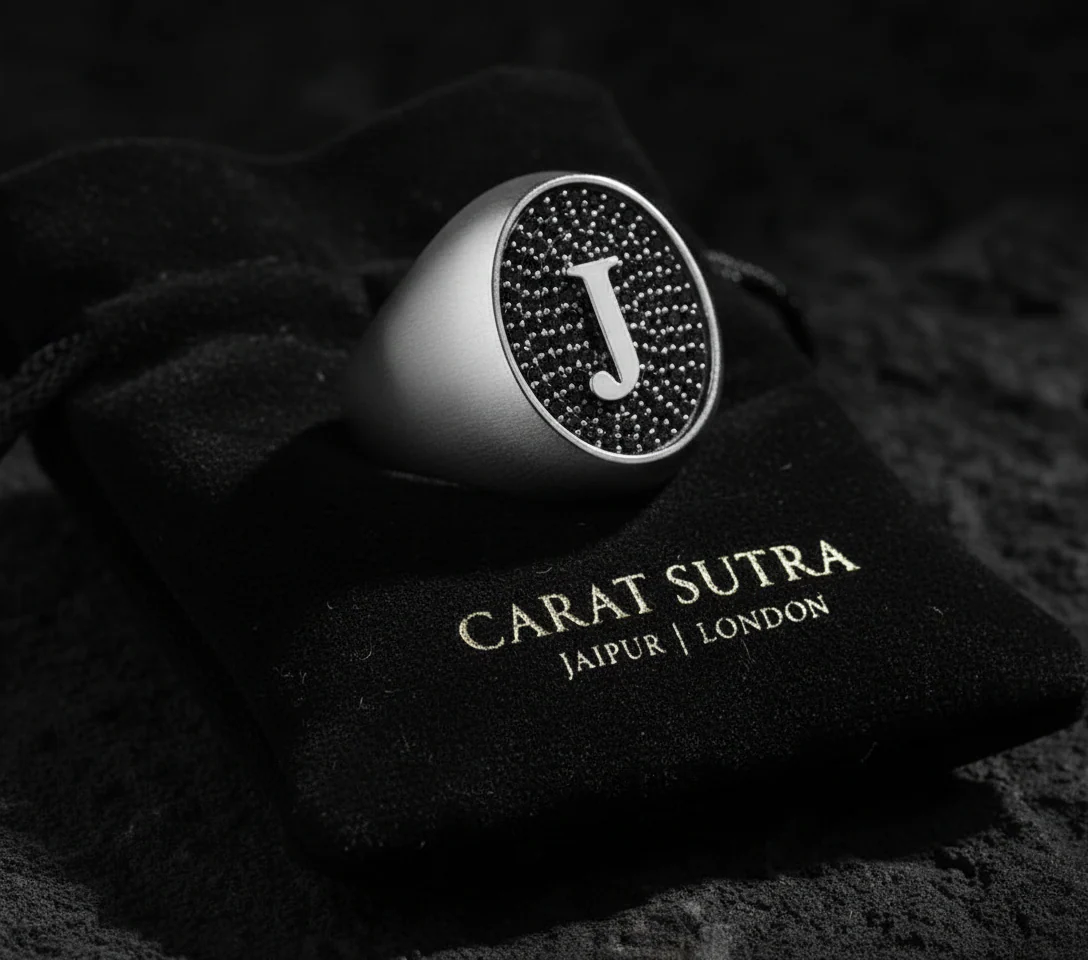 RARE PRINCE by CARAT SUTRA | Exclusive Personalized Name Initials Ring Studded with Black Zircon | Sterling Silver 925 Ring | Jewelry for Men| With Certificate of Authenticity and 925 Hallmark - Image 3