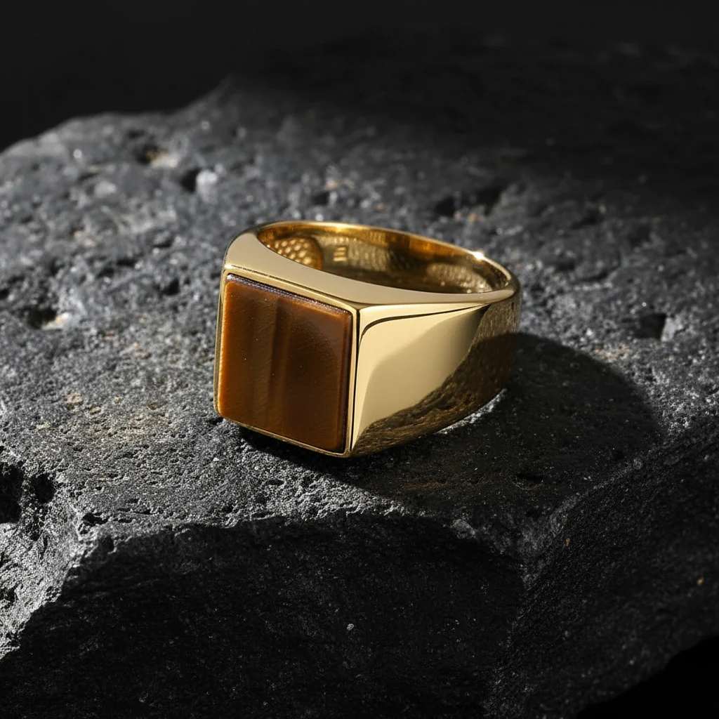 RARE PRINCE by CARAT SUTRA | Exclusive Classic Gold Signet Statement Ring with Natural Pearl/ Tiger Eye, Sterling Silver 925 Ring | Jewellery for Men| With Certificate of Authenticity and 925 Hallmark
