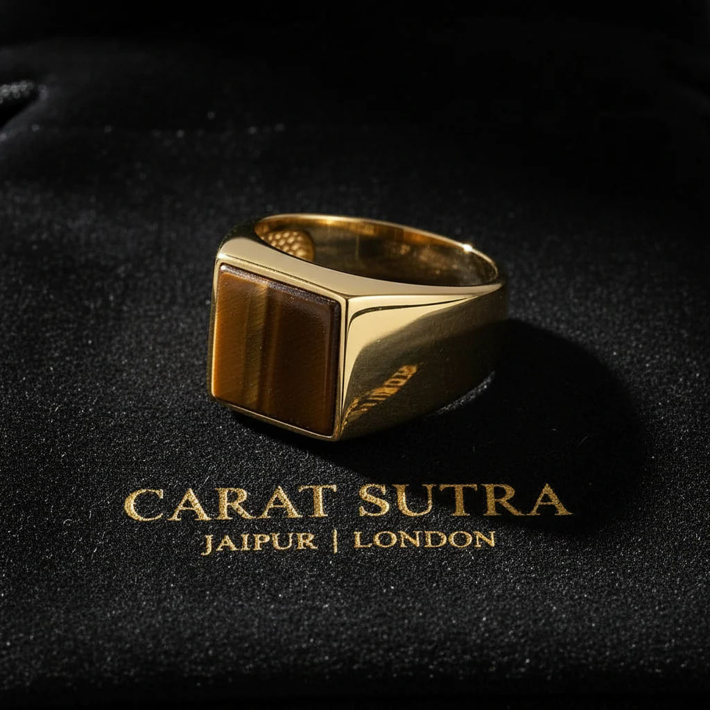 RARE PRINCE by CARAT SUTRA | Exclusive Classic Gold Signet Statement Ring with Natural Pearl/ Tiger Eye, Sterling Silver 925 Ring | Jewellery for Men| With Certificate of Authenticity and 925 Hallmark - Image 2