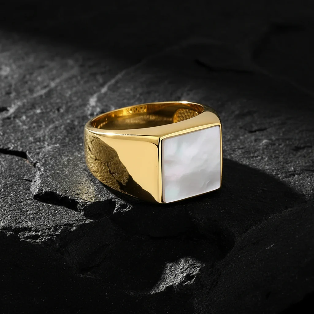 RARE PRINCE by CARAT SUTRA | Exclusive Classic Gold Signet Statement Ring with Natural Pearl/ Tiger Eye, Sterling Silver 925 Ring | Jewellery for Men| With Certificate of Authenticity and 925 Hallmark - Image 3