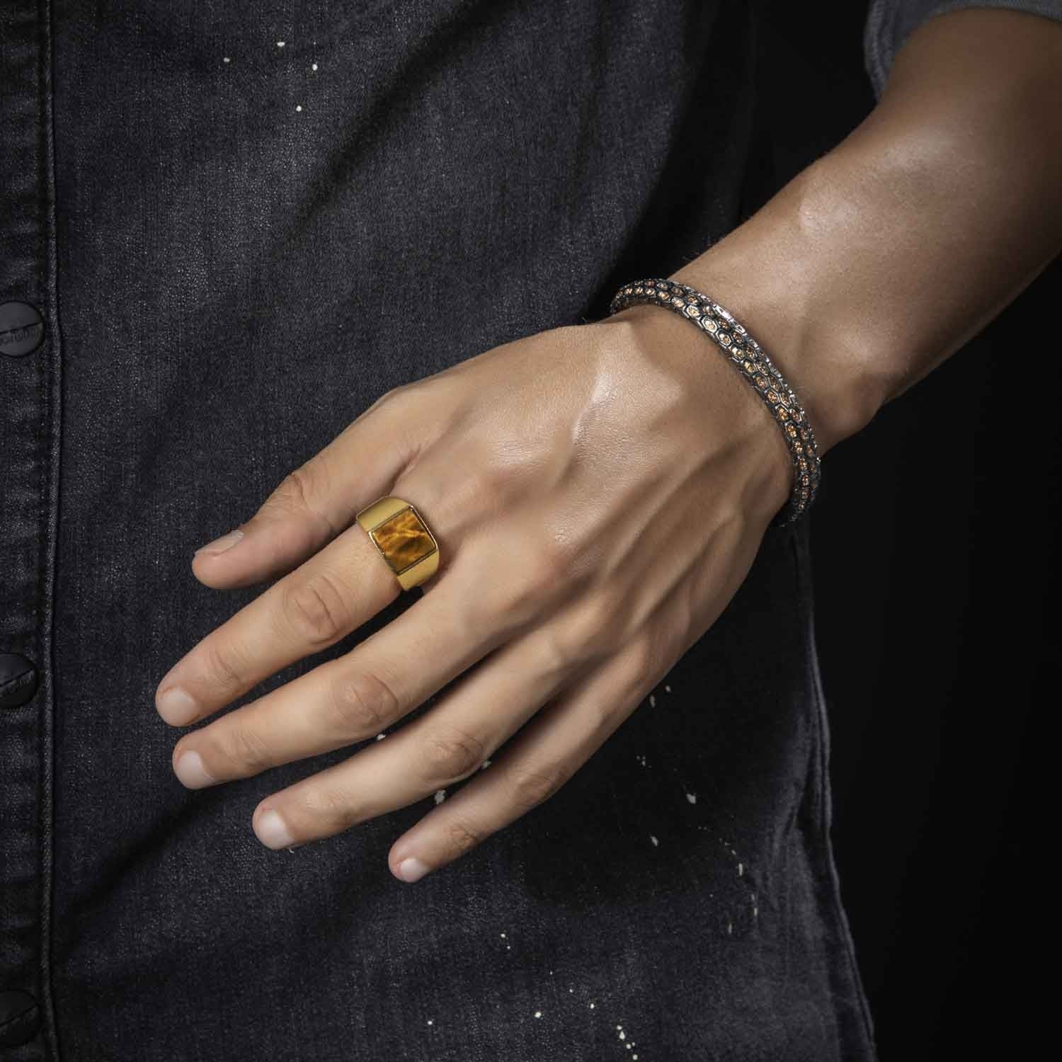 RARE PRINCE by CARAT SUTRA | Exclusive Classic Gold Signet Statement Ring with Natural Pearl/ Tiger Eye, Sterling Silver 925 Ring | Jewellery for Men| With Certificate of Authenticity and 925 Hallmark - Image 5