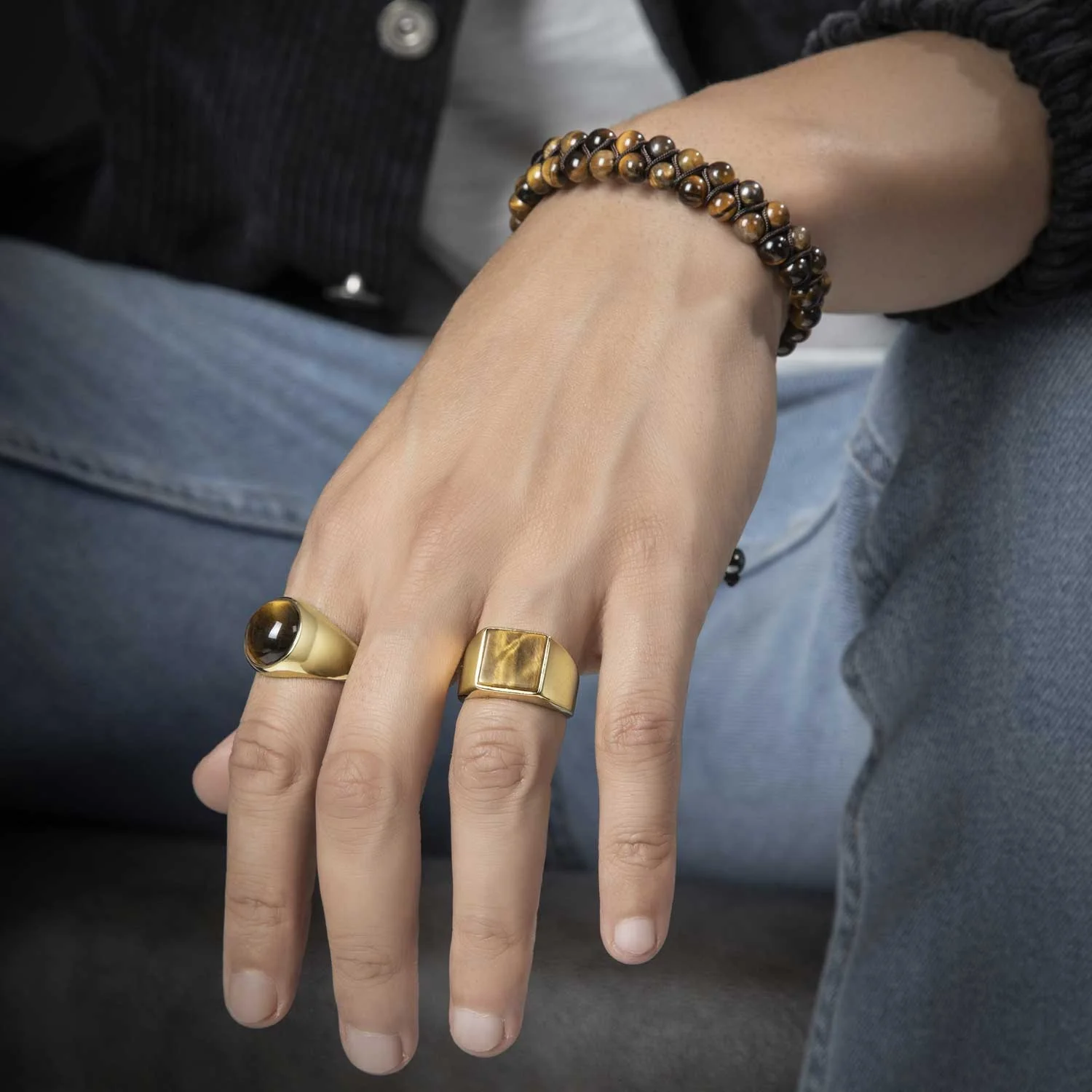 RARE PRINCE by CARAT SUTRA | Exclusive Classic Gold Signet Statement Ring with Natural Pearl/ Tiger Eye, Sterling Silver 925 Ring | Jewellery for Men| With Certificate of Authenticity and 925 Hallmark - Image 9