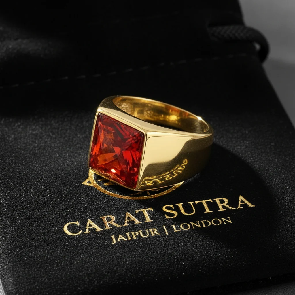 RARE PRINCE by CARAT SUTRA | Exclusive Classic Gold Signet Statement Ring with Faceted Black Zircon/ Red Zircon, Sterling Silver 925 Ring | Jewellery for Men| With Certificate of Authenticity and 925 Hallmark - Image 2