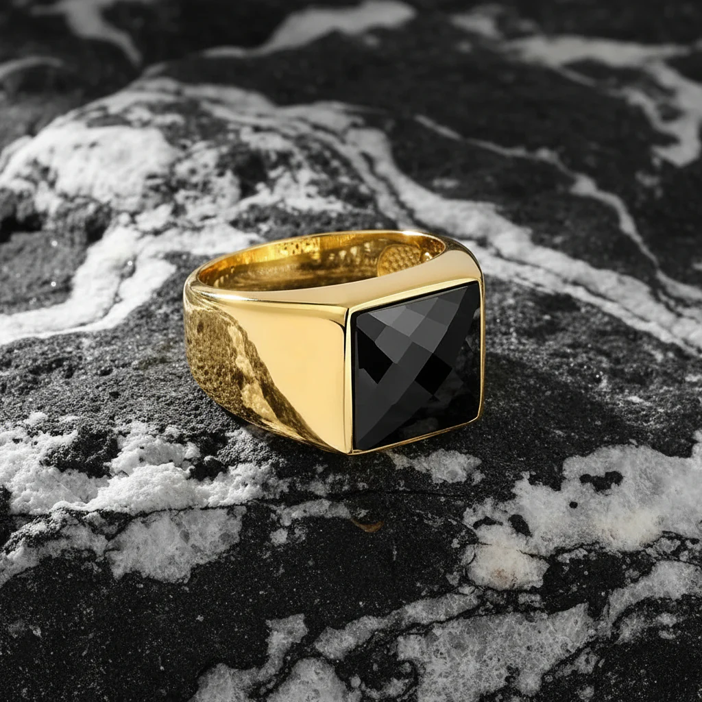 RARE PRINCE by CARAT SUTRA | Exclusive Classic Gold Signet Statement Ring with Faceted Black Zircon/ Red Zircon, Sterling Silver 925 Ring | Jewellery for Men| With Certificate of Authenticity and 925 Hallmark - Image 3