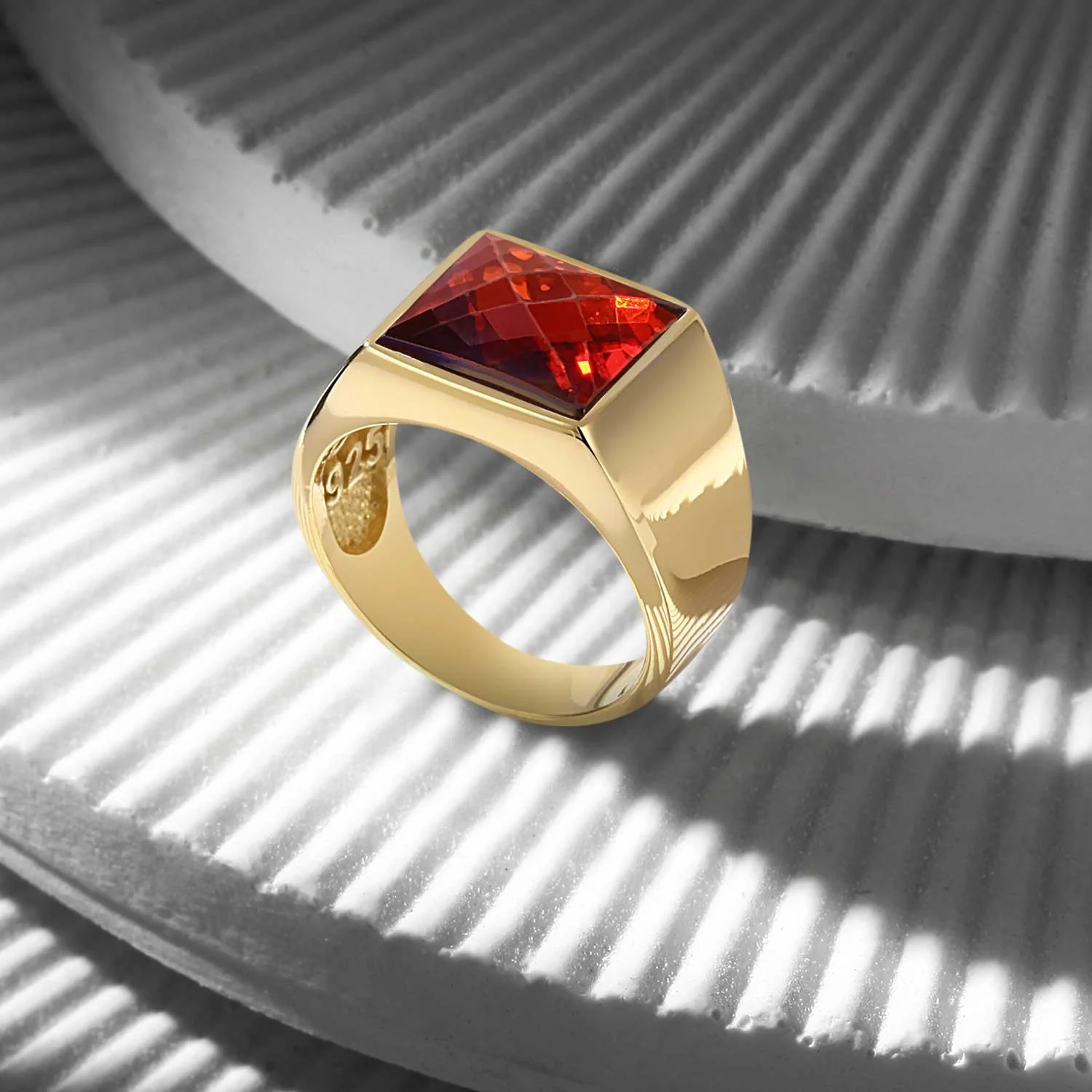 RARE PRINCE by CARAT SUTRA | Exclusive Classic Gold Signet Statement Ring with Faceted Black Zircon/ Red Zircon, Sterling Silver 925 Ring | Jewellery for Men| With Certificate of Authenticity and 925 Hallmark - Image 5
