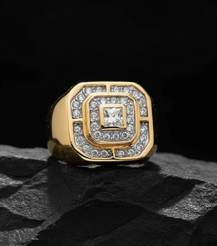RARE PRINCE by CARAT SUTRA | Exclusive Classic Gold Signet Statement Ring Studded with CZ white zircons | 22kt Gold Plated Sterling Silver 925 Ring | Jewellery for Men| With Certificate of Authenticity and 925 Hallmark