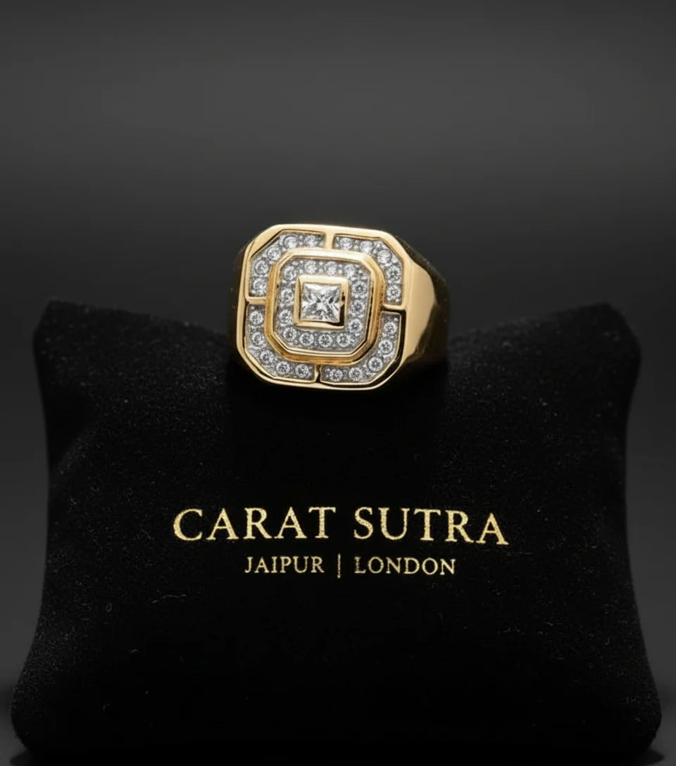RARE PRINCE by CARAT SUTRA | Exclusive Classic Gold Signet Statement Ring Studded with CZ white zircons | 22kt Gold Plated Sterling Silver 925 Ring | Jewellery for Men| With Certificate of Authenticity and 925 Hallmark - Image 2
