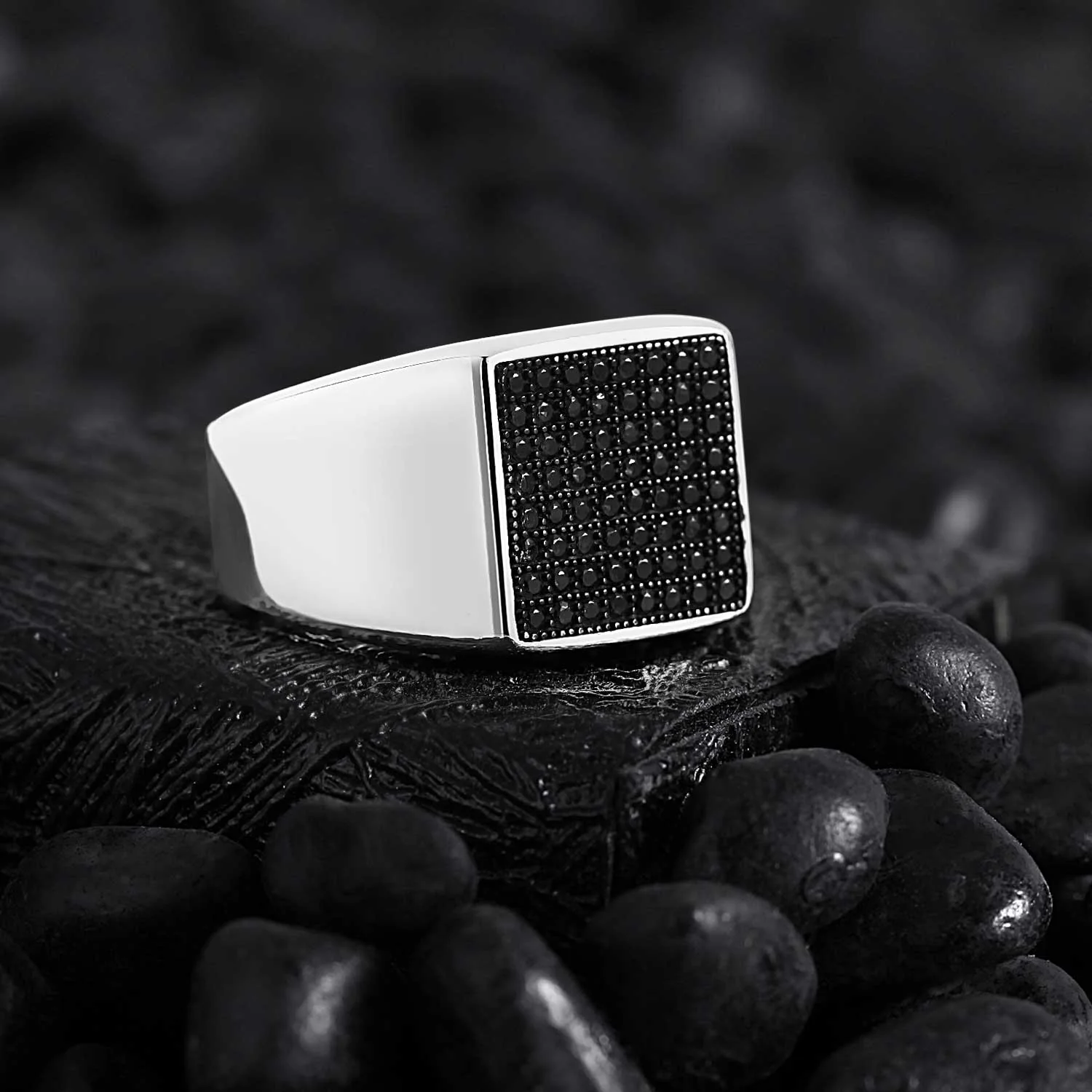 RARE PRINCE by CARAT SUTRA | Exclusive Classic Signet Statement Ring Studded with Black Zircons, Sterling Silver 925 Ring | Jewellery for Men| With Certificate of Authenticity and 925 Hallmark