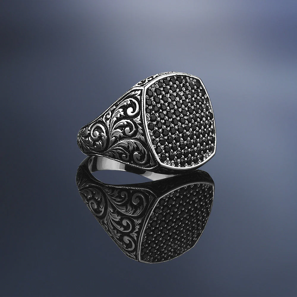 RARE PRINCE by CARAT SUTRA | Exclusive Classic Cushion Pave Ring Studded with Black Zircons, Sterling Silver 925 Ring | Jewellery for Men| With Certificate of Authenticity and 925 Hallmark