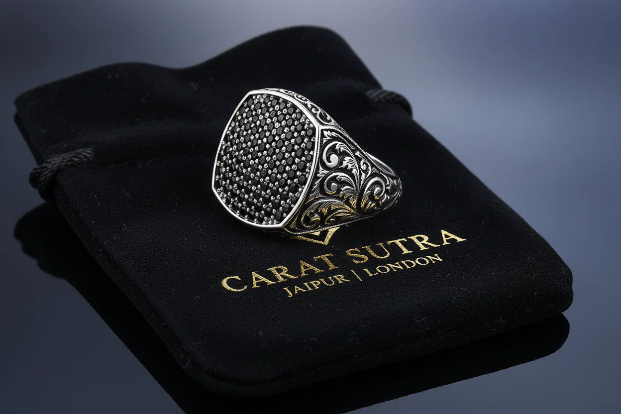 RARE PRINCE by CARAT SUTRA | Exclusive Classic Cushion Pave Ring Studded with Black Zircons, Sterling Silver 925 Ring | Jewellery for Men| With Certificate of Authenticity and 925 Hallmark - Image 2