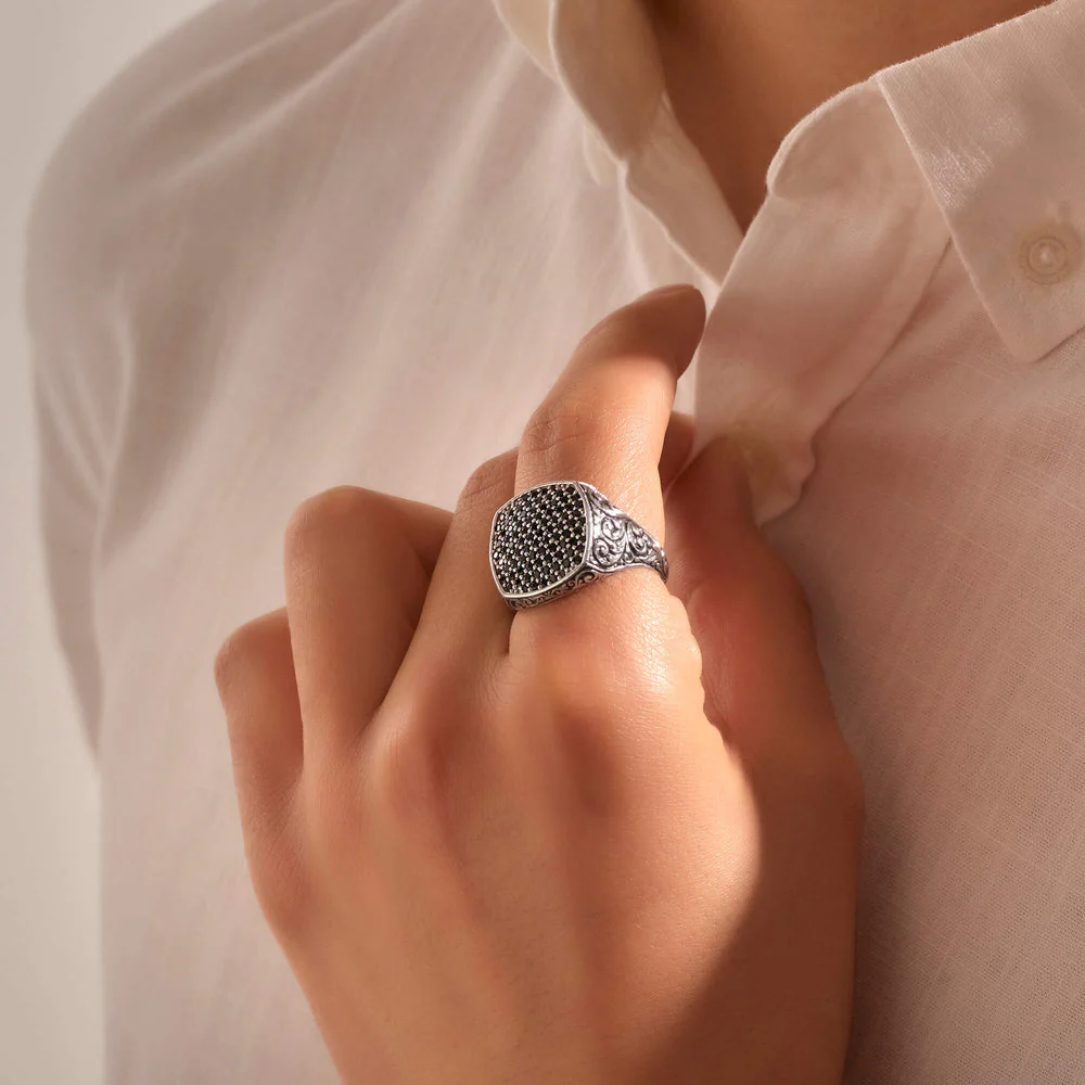 RARE PRINCE by CARAT SUTRA | Exclusive Classic Cushion Pave Ring Studded with Black Zircons, Sterling Silver 925 Ring | Jewellery for Men| With Certificate of Authenticity and 925 Hallmark - Image 4