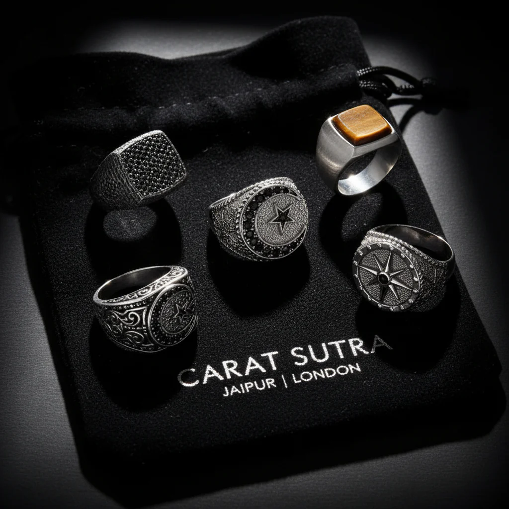 RARE PRINCE by CARAT SUTRA | Exclusive Classic Cushion Pave Ring Studded with Black Zircons, Sterling Silver 925 Ring | Jewellery for Men| With Certificate of Authenticity and 925 Hallmark - Image 7