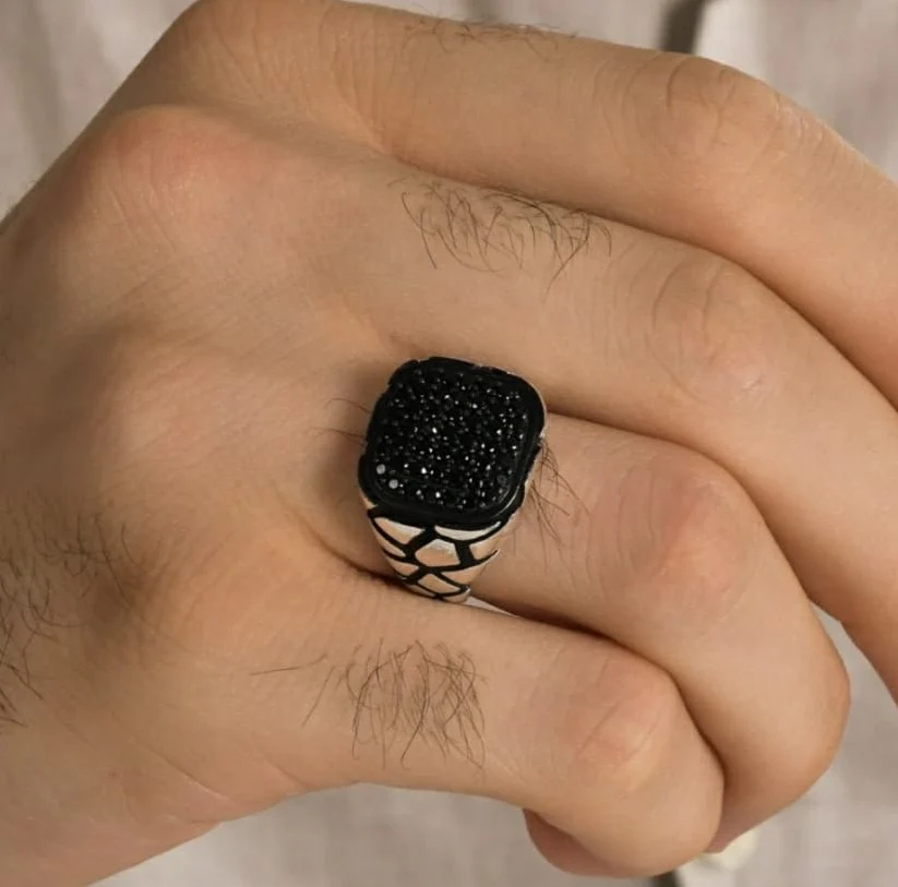 RARE PRINCE by CARAT SUTRA | Exclusive Classic Signet Statement Ring Studded with Black Zircons, Sterling Silver 925 Ring | Jewellery for Men| With Certificate of Authenticity and 925 Hallmark