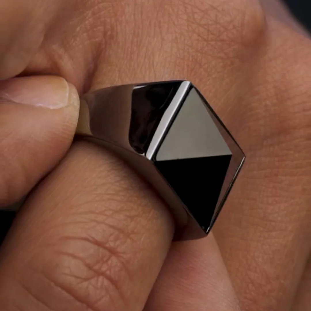 RARE PRINCE by CARAT SUTRA | Exclusive Classic Style Ring with Natural Pyramidal Black Onyx | Sterling Silver 925 Ring | Jewellery for Men| With Certificate of Authenticity and 925 Hallmark