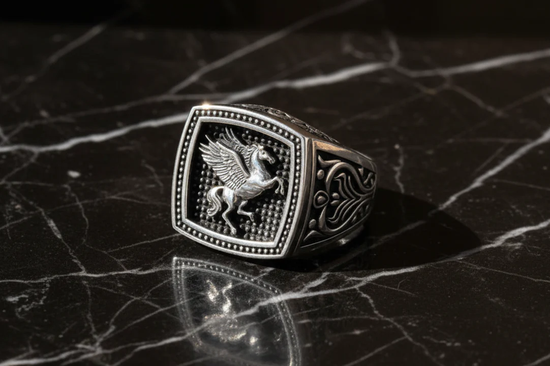 Exclusive Horse (Pegasus) Vintage Byzantine Style Signet Ring, Oxidized Sterling Silver 925 Ring | With Certificate of Authenticity and 925 Hallmark