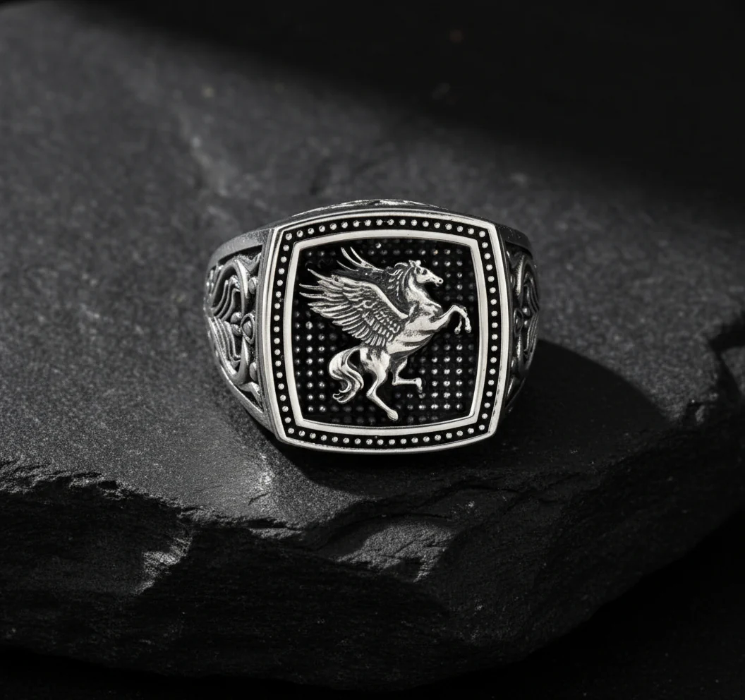 Exclusive Horse (Pegasus) Vintage Byzantine Style Signet Ring, Oxidized Sterling Silver 925 Ring | With Certificate of Authenticity and 925 Hallmark - Image 2