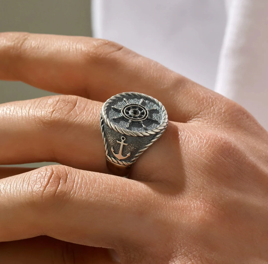RARE PRINCE by CARAT SUTRA | Exclusive Signet Style Rudder Ring for Men, Oxidized Sterling Silver 925 Ring | Jewellery for Men| With Certificate of Authenticity and 925 Hallmark - Image 2