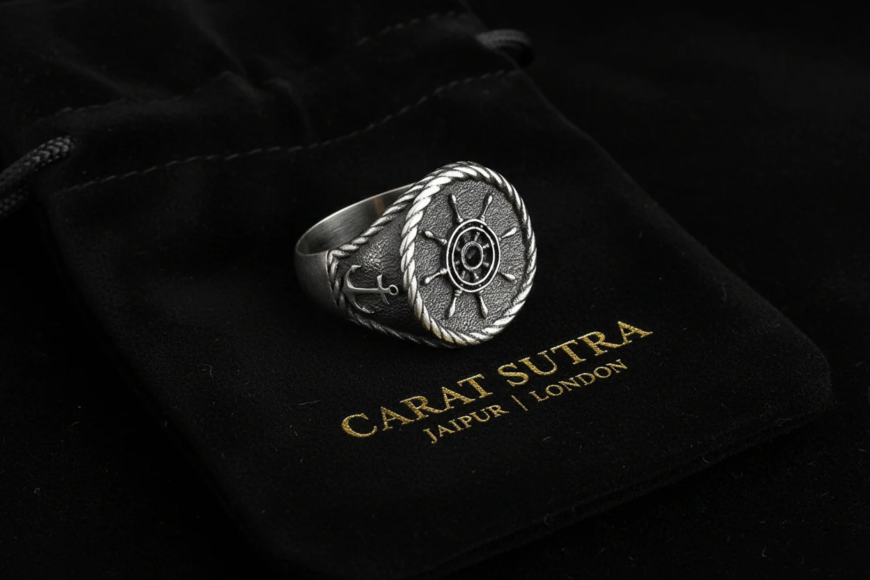 RARE PRINCE by CARAT SUTRA | Exclusive Signet Style Rudder Ring for Men, Oxidized Sterling Silver 925 Ring | Jewellery for Men| With Certificate of Authenticity and 925 Hallmark - Image 3