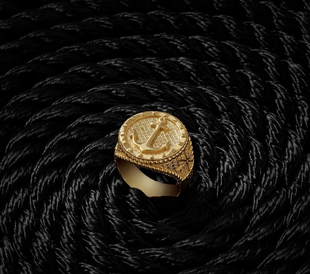 RARE PRINCE by CARAT SUTRA | Exclusive 22k Gold Plated Signet Style Sailor's Anchor Ring, Sterling Silver 925 Ring | Jewellery for Men| With Certificate of Authenticity and 925 Hallmark