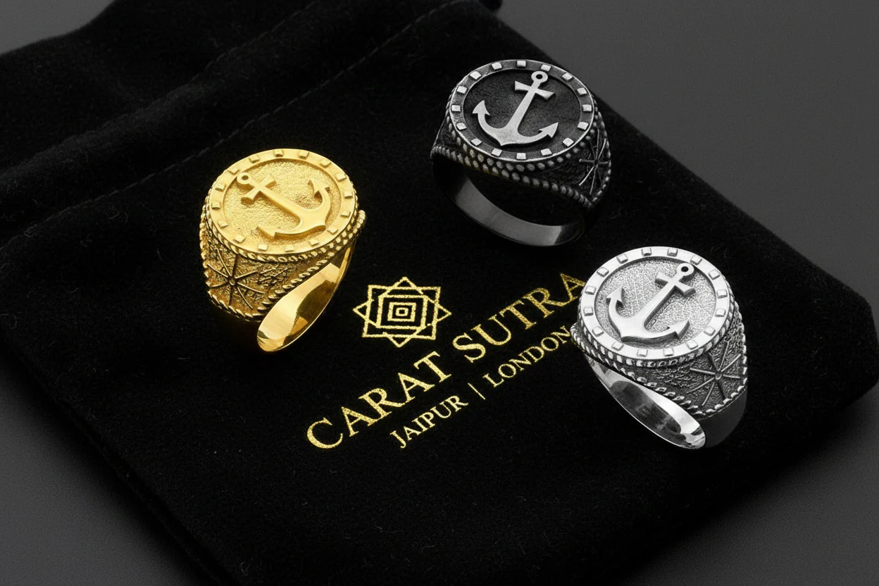 RARE PRINCE by CARAT SUTRA | Exclusive 22k Gold Plated Signet Style Sailor's Anchor Ring, Sterling Silver 925 Ring | Jewellery for Men| With Certificate of Authenticity and 925 Hallmark - Image 3