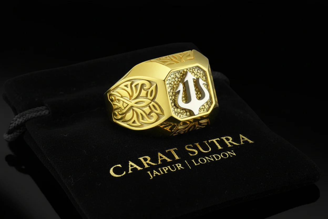 RARE PRINCE by CARAT SUTRA | Exclusive Trishul Symbol Signet Style Ring for Men, 22kt Gold Micron Plated Sterling Silver 925 Ring | Jewellery for Men| With Certificate of Authenticity and 925 Hallmark