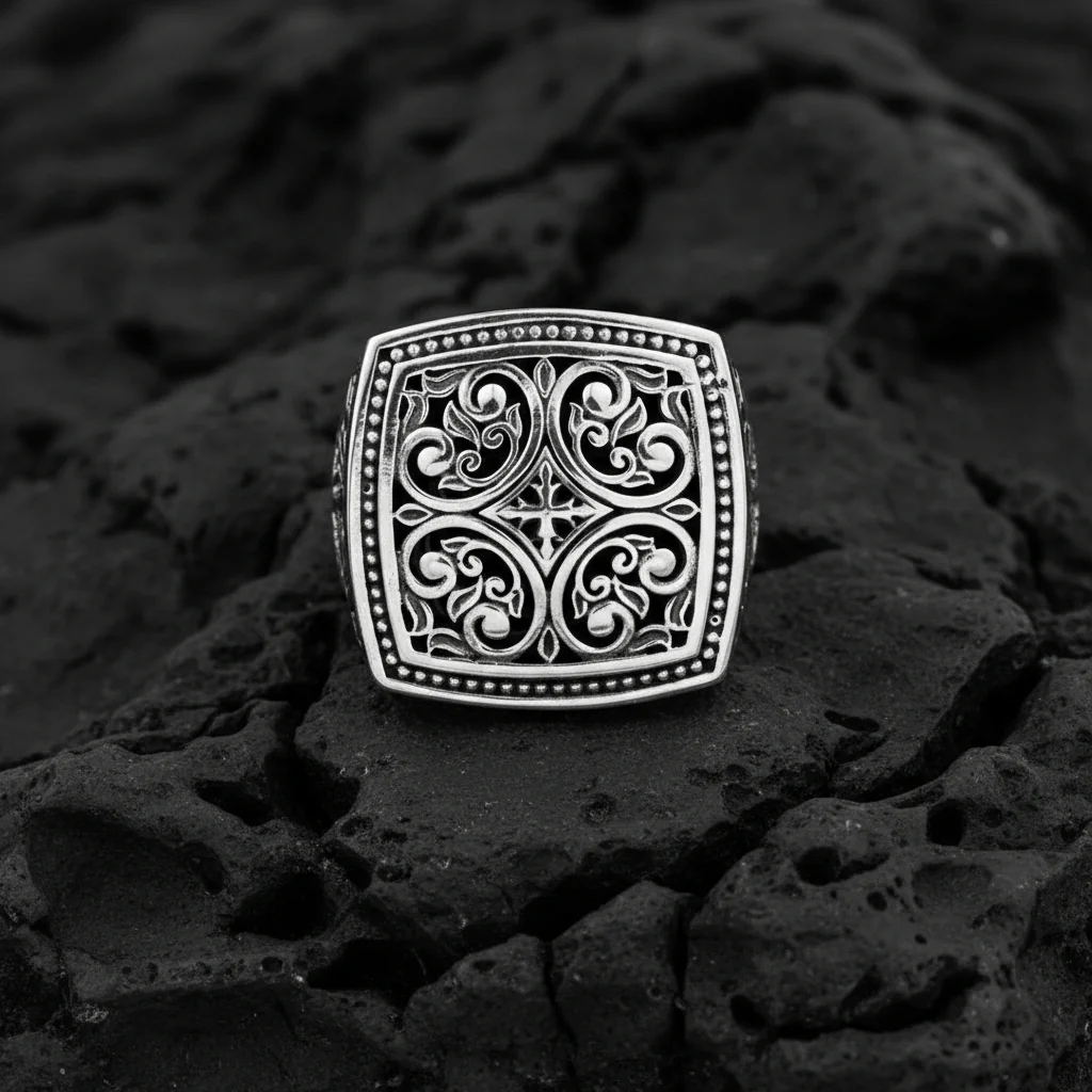 RARE PRINCE by CARAT SUTRA | Exclusive Byzantine Style Signet Ring for Men, Oxidized Sterling Silver 925 Ring | Jewellery for Men| With Certificate of Authenticity and 925 Hallmark