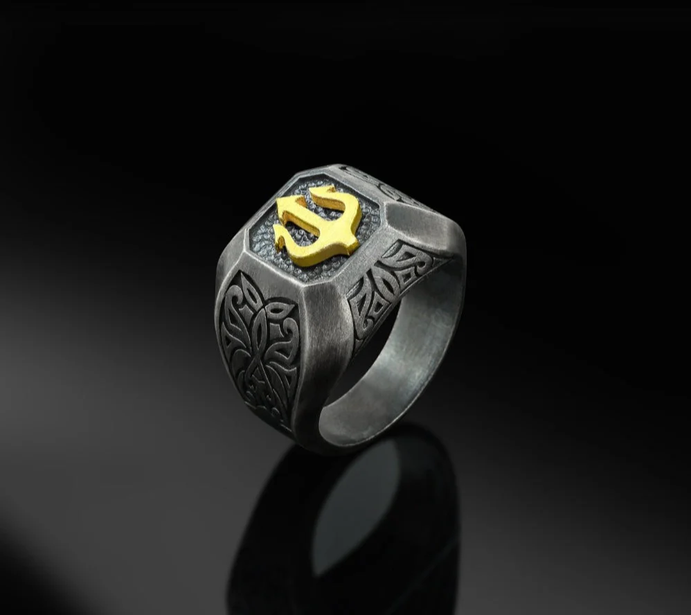 RARE PRINCE by CARAT SUTRA | Exclusive Trishul Symbol Signet Style Ring for Men, Oxidized Sterling Silver 925 Ring | Jewellery for Men| With Certificate of Authenticity and 925 Hallmark