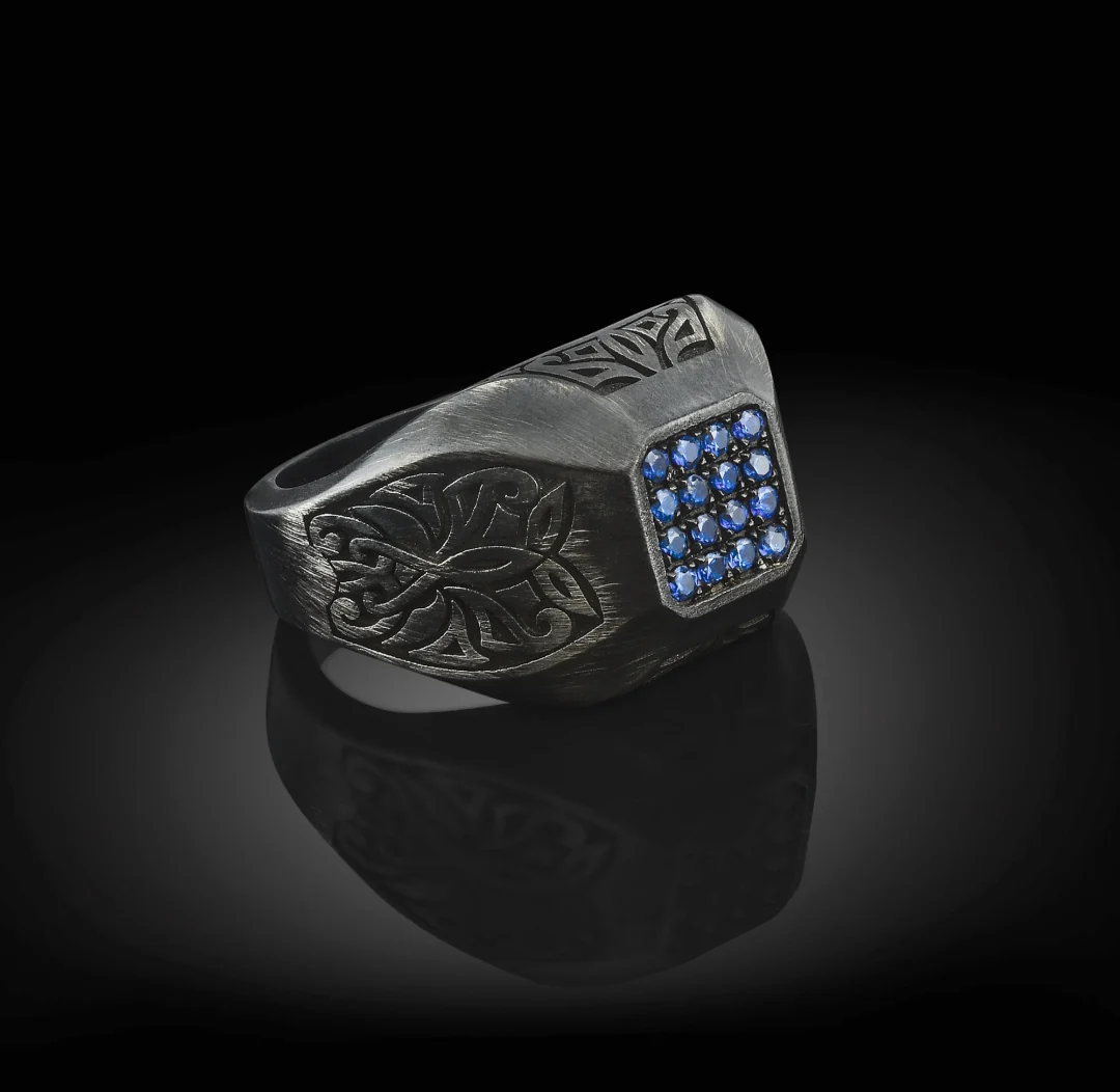 RARE PRINCE by CARAT SUTRA | Exclusive Signet Style Ring Studded with Blue Zircons for Men, Oxidized Sterling Silver 925 Ring | Jewellery for Men| With Certificate of Authenticity and 925 Hallmark
