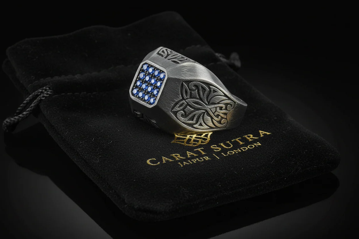 RARE PRINCE by CARAT SUTRA | Exclusive Signet Style Ring Studded with Blue Zircons for Men, Oxidized Sterling Silver 925 Ring | Jewellery for Men| With Certificate of Authenticity and 925 Hallmark - Image 2