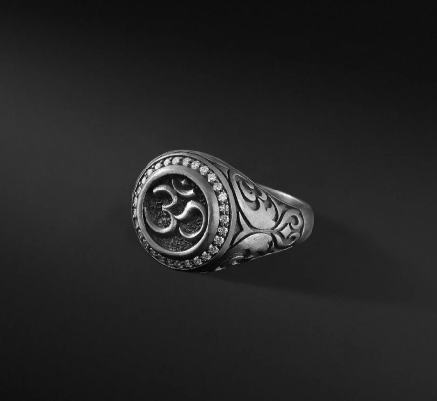 RARE PRINCE by CARAT SUTRA | Exclusive Turkish Style Om Symbol Signet Ring for Men, Oxidized Sterling Silver 925 Ring | Jewellery for Men| With Certificate of Authenticity and 925 Hallmark