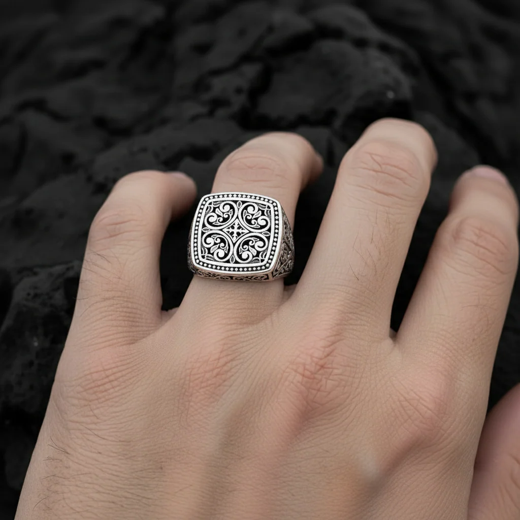 RARE PRINCE by CARAT SUTRA | Exclusive Byzantine Style Signet Ring for Men, Oxidized Sterling Silver 925 Ring | Jewellery for Men| With Certificate of Authenticity and 925 Hallmark - Image 5
