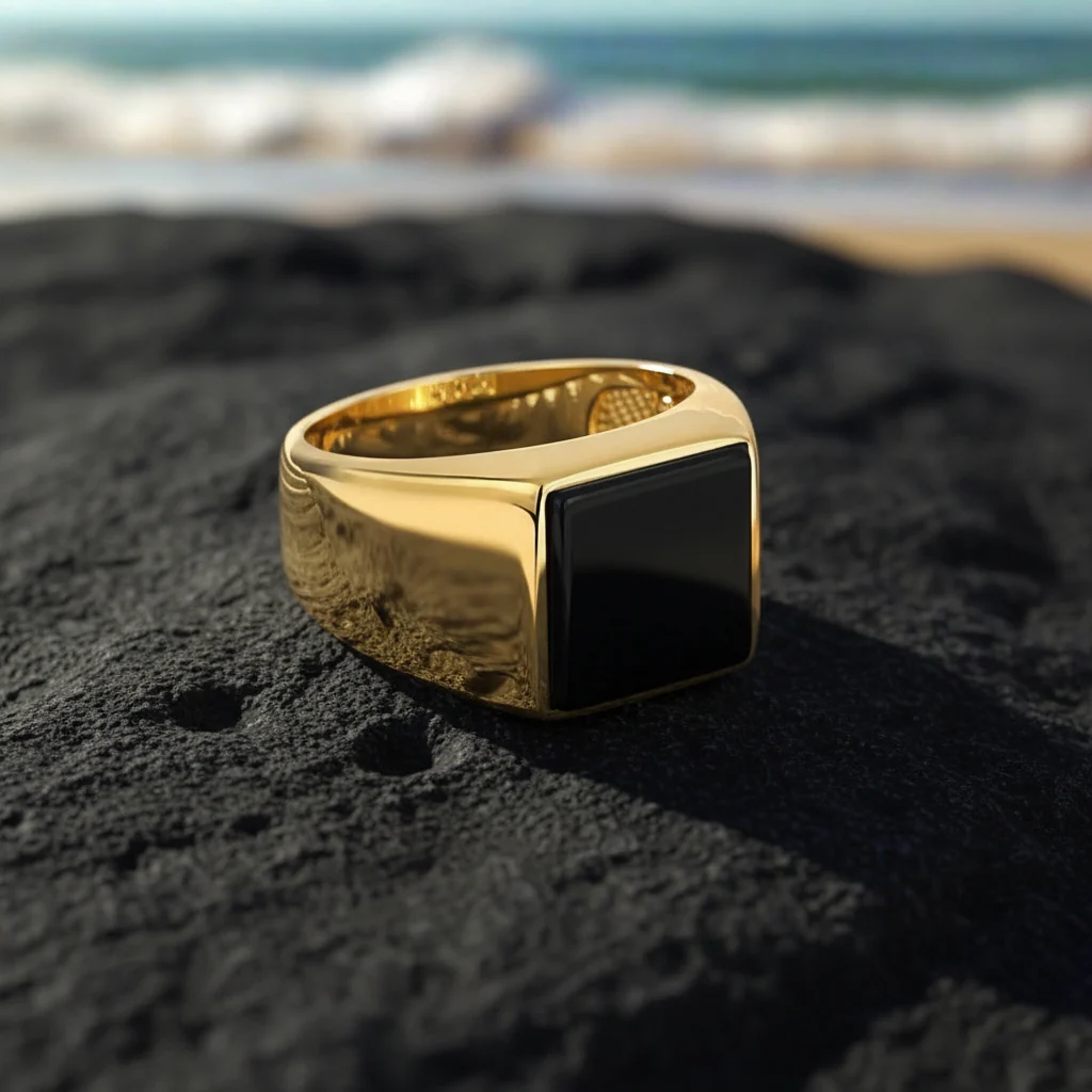 RARE PRINCE by CARAT SUTRA | Exclusive Classic Gold Signet Statement Ring with Natural Black Onyx/ Red Agate, Sterling Silver 925 Ring | Jewellery for Men| With Certificate of Authenticity and 925 Hallmark
