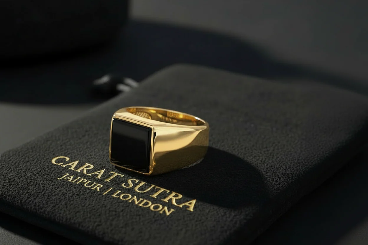 RARE PRINCE by CARAT SUTRA | Exclusive Classic Gold Signet Statement Ring with Natural Black Onyx/ Red Agate, Sterling Silver 925 Ring | Jewellery for Men| With Certificate of Authenticity and 925 Hallmark - Image 2