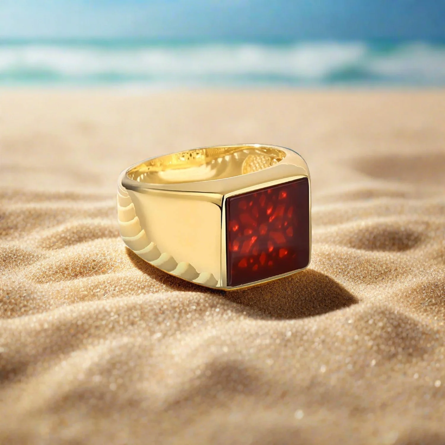 RARE PRINCE by CARAT SUTRA | Exclusive Classic Gold Signet Statement Ring with Natural Black Onyx/ Red Agate, Sterling Silver 925 Ring | Jewellery for Men| With Certificate of Authenticity and 925 Hallmark - Image 3