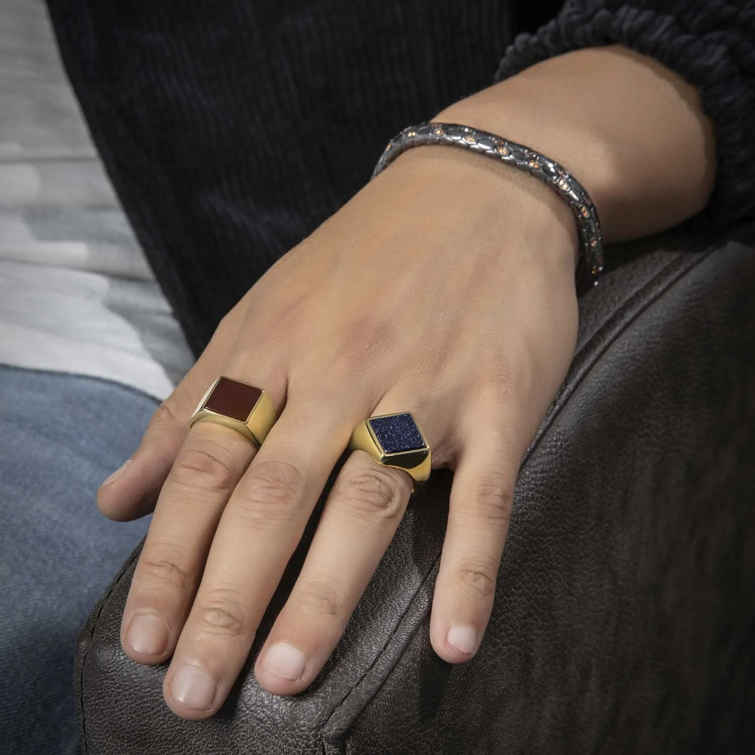 RARE PRINCE by CARAT SUTRA | Exclusive Classic Gold Signet Statement Ring with Natural Black Onyx/ Red Agate, Sterling Silver 925 Ring | Jewellery for Men| With Certificate of Authenticity and 925 Hallmark - Image 5