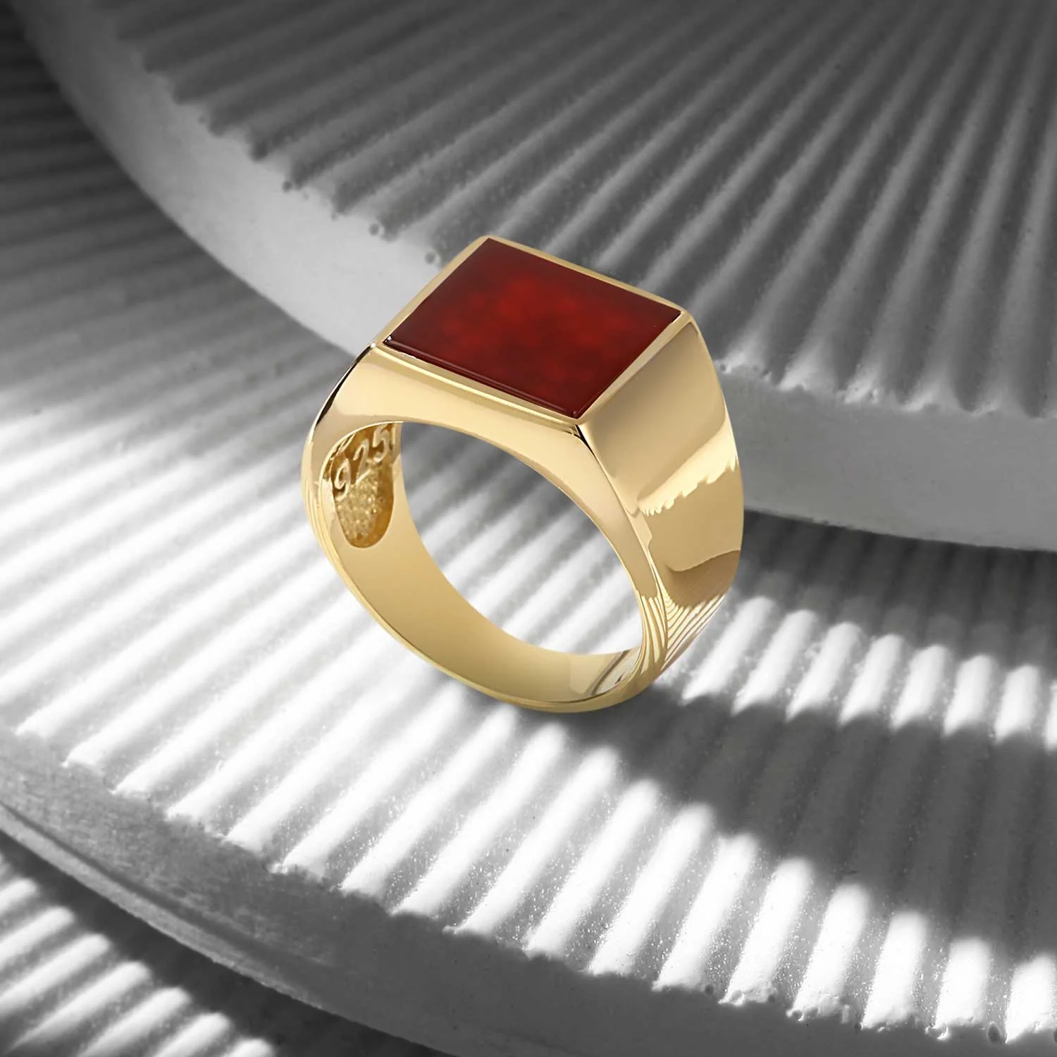 RARE PRINCE by CARAT SUTRA | Exclusive Classic Gold Signet Statement Ring with Natural Black Onyx/ Red Agate, Sterling Silver 925 Ring | Jewellery for Men| With Certificate of Authenticity and 925 Hallmark - Image 6