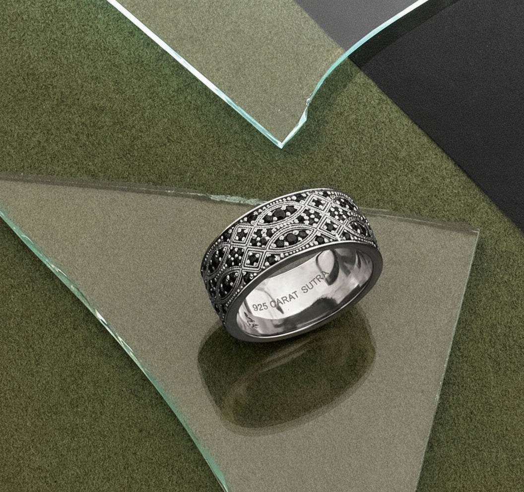 RARE PRINCE by CARAT SUTRA | Exclusive Streamline Band Ring Studded with Black Swarovski for Men, Oxidized Sterling Silver 925 Ring | Jewellery for Men| With Certificate of Authenticity and 925 Hallmark