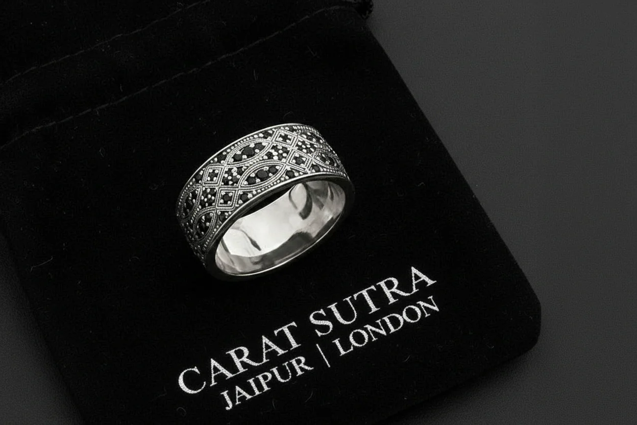 RARE PRINCE by CARAT SUTRA | Exclusive Streamline Band Ring Studded with Black Swarovski for Men, Oxidized Sterling Silver 925 Ring | Jewellery for Men| With Certificate of Authenticity and 925 Hallmark - Image 2