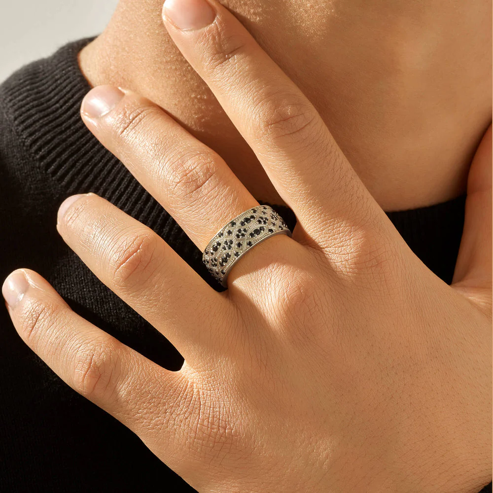 RARE PRINCE by CARAT SUTRA | Exclusive Streamline Band Ring Studded with Black Swarovski for Men, Oxidized Sterling Silver 925 Ring | Jewellery for Men| With Certificate of Authenticity and 925 Hallmark - Image 4