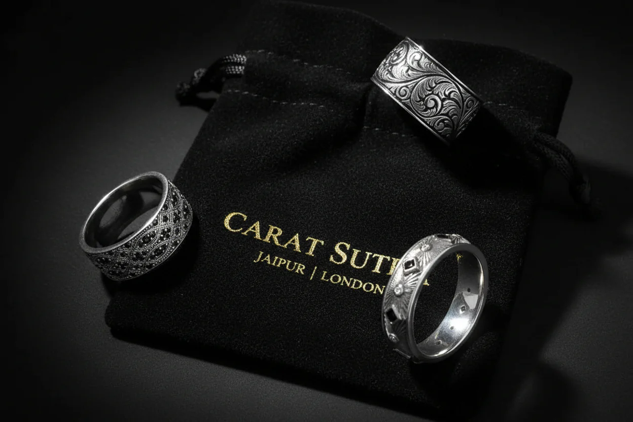 RARE PRINCE by CARAT SUTRA | Exclusive Streamline Band Ring Studded with Black Swarovski for Men, Oxidized Sterling Silver 925 Ring | Jewellery for Men| With Certificate of Authenticity and 925 Hallmark - Image 7